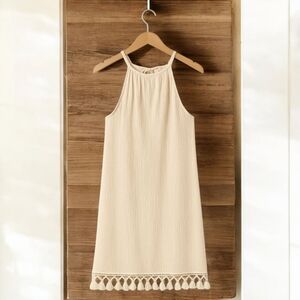 Boho Chic Cream Halter Tassel Mini Dress | Relaxed Flowy Fit Summer Dress